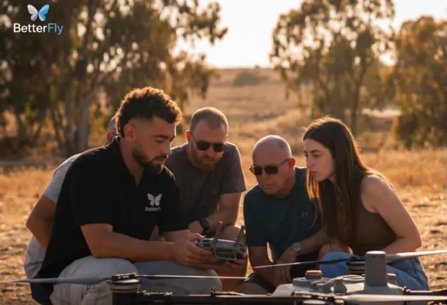 תדריך שטח בקורס הטסת רחפנים של BetterFly - מדריך ותלמידים סביב רחפן מקצועי