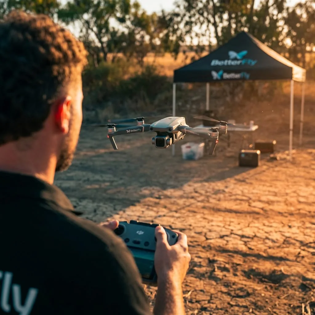 מטיס BetterFly מטיס רחפן מקצועי ביום שטח בשעת זהב, מול אוהל האקדמיה